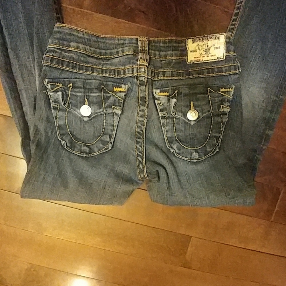 Orange stitched True Religions